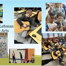 Collage of pics of students performing music and arts