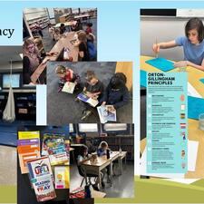 Collage of pictures of students reading and writing